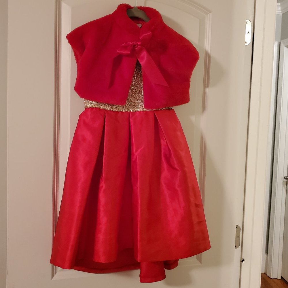 Rare Editions girl party dress with sequins and faux fur shrug